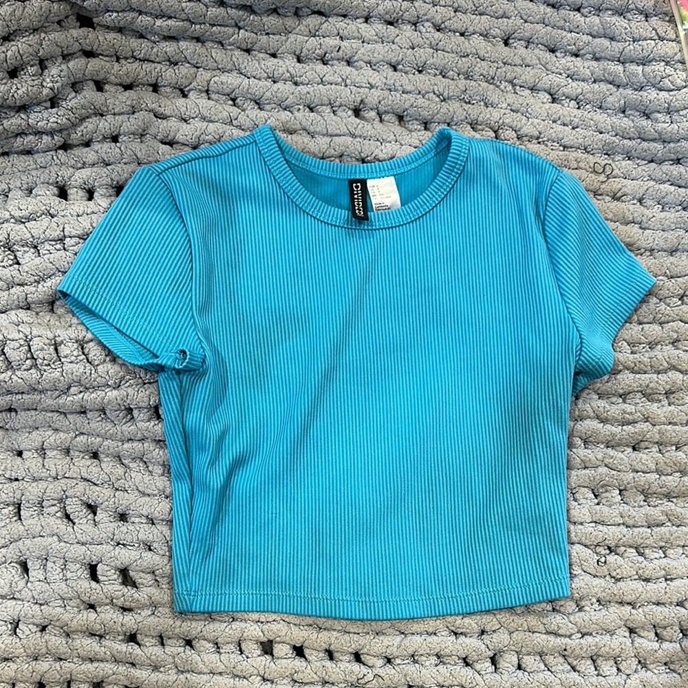Divided Blue Ribbed Crop Top